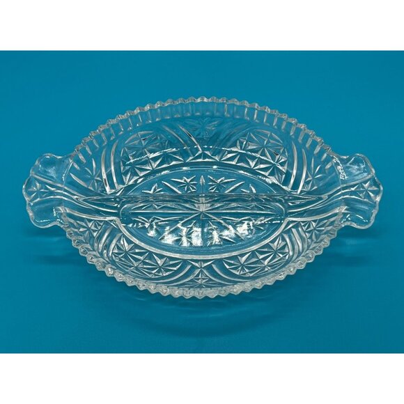 Vintage Anchor Hocking Clear Glass 2 Part Divided Relish Dish Stars & Bars - Picture 6 of 6